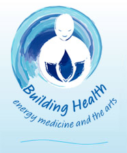 a person gazing at and holding a flower, with a spiral of shades of blues coming out to form the words logo for Building Health: Energy Medicine and the Arts